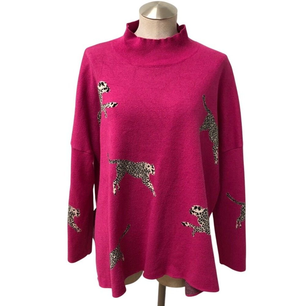 Entro Sweater Womens Large Magenta Pink Leopard Print Mock Neck T19499 Oversized